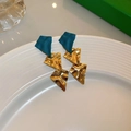 Vintage dark green and gold enamel heart earrings with geometric dangling drops - Dark Green Irregular Rhombus (925 Sterling Silver Earring Post)