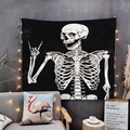 Detail of black and white skull wall tapestry with fairy lights in modern room - 150x130cm / Rock Skeleton