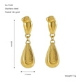 Detail view of 18K gold plated stainless steel teardrop earrings measuring 36mm by 11mm - Smooth Waterdrop Style (1048)