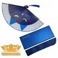 Japanese style cat folding fan with blue gift box, silk sleeve and wooden display stand - Blue Cat + Box + Sleeve + Stand (Premium)