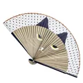 Japanese style folding fan with brown cat face and black polka dots on bamboo bone - Brown Cat (Standard Bamboo)