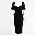 Elegante vestido ajustado negro con mangas abullonadas, escote corazón y detalles fruncidos - S / Negro