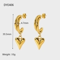 Tabla de tallas de pendientes de corazón en acero chapado en oro de 14k con medidas - Estilo de Dije de Corazón en C (DYE406)