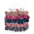 Five-piece velvet scrunchie set in brown, rose, blue, pink, and grey on white card - RT-229-K (5-Piece Colorful Velvet Set)
