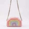 Mini handmade pearl crossbody bag with rainbow stripes and golden metal chain strap - Rainbow
