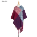 Damen Karo-Poncho mit dicken Fransen in Rot, Blau und Violett kariertem Muster - Navy Weinrot (QPJ6-04#)