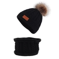 Kids black winter knit hat and neck warmer set with faux fur pom and thick fleece lining - Set / Black