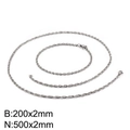 Conjunto de cadena de acero plateado con collar de 500x2mm y pulsera de 200x2mm - Conjunto de Cadena de Cuerda Trenzada de 2mm de Ancho (KS130246-Z)