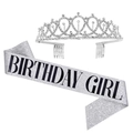 Details von silberner Strasskrone und silberner Glitzerschärpe mit Birthday Girl Text - Silbernes Schmuckset