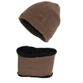 Brown men's winter knitted beanie and neck warmer set with warm fleece lining - Khaki Set