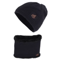 Black knitted winter hat and scarf set with maple leaf patch and fleece lining - Navy Blue Set