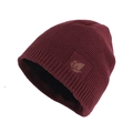 Winter knitted beanie in burgundy with fleece lining and maple leaf leather patch - Wine Red Hat