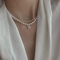 Detail of layered gold chain necklace with rectangular zircon and rice pearl accents - Double Layer Rice Pearl Chain (Square Pendant)
