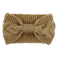 Detailed knit texture of a camel cable-knit headband with a central bow knot design - Camel