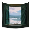 Tapiz de pared 3D con contraventanas verdes que dan a un paisaje de mar azul - 73X95CM (Cepillado Transfronterizo) / LT273-2-Ventana Verde Mar