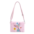 Detailed close-up of pink plush mermaid shoulder bag with sequined sea-themed embroidery - Pink