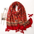 Ethnic red cotton linen scarf with floral patterns and tassels for travel styling - Red (SL2007-010)