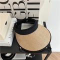 Straw sun visor hat with black trim for women, minimalist summer beach headwear style - Enlarged Brim / Khaki