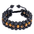 Verstelbare drielaagse tijgeroog en lavasteen kralenarmband voor heren met matte afwerking - Tijgeroog Triple Layer Gevlochten Stijl
