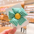 Cute green gingham flower hair tie for girls with soft fabric and yellow elastic band - Green Plaid