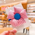 Pink checkered flower hair tie with blue button and high-elastic band for girls - Pink Plaid