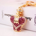 Crystal studded perfume bottle keychain with Juliet engraving and gold metal link - Individual Packaging / Purple