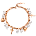 Bracciale in acciaio inossidabile oro rosa con perle bianche e ciondoli a croce - Oro rosa