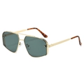 Polygonale goldene Metall-Sonnenbrille mit dunkelgrünen Gläsern und Schildpattbügeln - Goldener Rahmen Schildpatt-Spitzen Dunkelgrüne Gläser