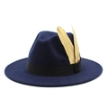 Detail view of navy blue fedora hat with black band and gold feather accessories - M (56-58cm) / Navy Blue