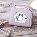 Cartera corta de cuero PU morada para mujer con ventana de gato y correa de cremallera - Violeta Claro