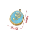 Golden oval pendant with blue enamel and rose motif, 20mm x 15mm stainless steel charm - Oval Rose / Blue