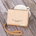 Detail of short orange purse with herringbone fabric and Forever Sunshine text - Dark Khaki
