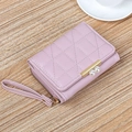 Short quilted lavender tri-fold wallet for women with pearl accent and wrist strap - Pink