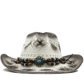 Weißer Cowboy-Strohhut mit braunem Used-Look und verzierter Ethno-Perlenkette - M (56-58cm) / Weiß