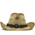 Western Stroh-Cowboyhut mit Türkisstein und Perlenband für Strand-Sonnenschutz - M (56-58cm) / Camel