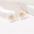 Elegant white camellia and daisy flower stud earrings with 14k gold accents on fabric - CBK1088 / 14K Gold (With Bottom Loop)