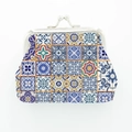 Close-up of Morocco style coin purse with Mediterranean tile pattern and metal clasp - Multicolor Mediterranean Pattern