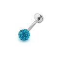 Detailed close-up of a silver stainless steel lip stud with a blue Shamballa crystal ball - 1.2*10*4mm / Teal
