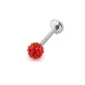 Detailed close-up of a stainless steel lip stud featuring a sparkling red rhinestone ball - Red