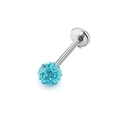 Macro detail of silver labret stud with a blue sparkling crystal ball and flat back base - 1.2*10*3mm / Lake Blue