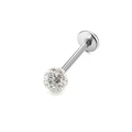 Macro shot of silver body piercing jewelry with a sparkling crystal-paved disco ball end - White