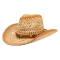 Chapeau de cowboy ajouré en paille kaki avec ruban décoratif à perles brunes - M (56-58cm) / Abricot + Camel