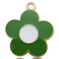 Detailed view of a green and white enamel daisy flower pendant with golden metal edges - Five-Petal Flower / Green