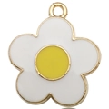 Close-up of white and yellow enamel daisy flower charm with polished gold metal edge - Five-Petal Flower / White