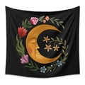 Detailed close-up of a bohemian wall tapestry featuring a golden moon and floral wreath - Golden Crescent Flowers ZJLK161264 / 73X95CM Brushed Fabric