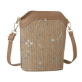 Sac seau en paille kaki avec broderie florale et bandoulière en cuir PU marron - Kaki