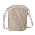 Sac seau en paille beige avec broderie florale et bandoulière réglable en similicuir - Blanc Cassé