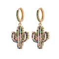 Golden cactus hoop earrings with multicolored cubic zirconia stones in asymmetric design - Cactus Style