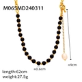 Detailed specs of vintage black onyx beaded necklace with gold chain and pearl charm - Black Agate Beaded Style (M065-Gold)