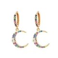 Elegant gold moon hoop earrings with colorful micro-pave zirconia in rainbow shades - Crescent Moon